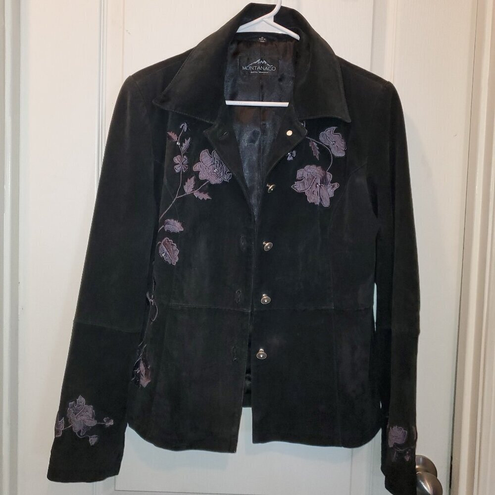 RARE Vintage Montanaco Genuine Suede Jacket | Purple Floral Embroidery M - Picture 2 of 7
